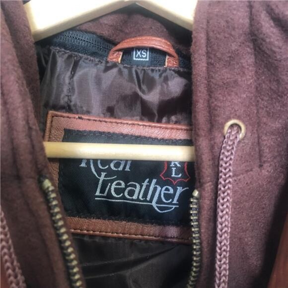 Men's Real Leather Brown Moto Bomber Jacket with Hood- Sizes XS, S - Picture 6 of 7